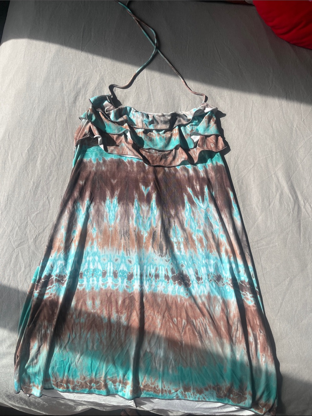 Tie-Dye Ruffle Halter Mini Dress in Turquoise and Brown